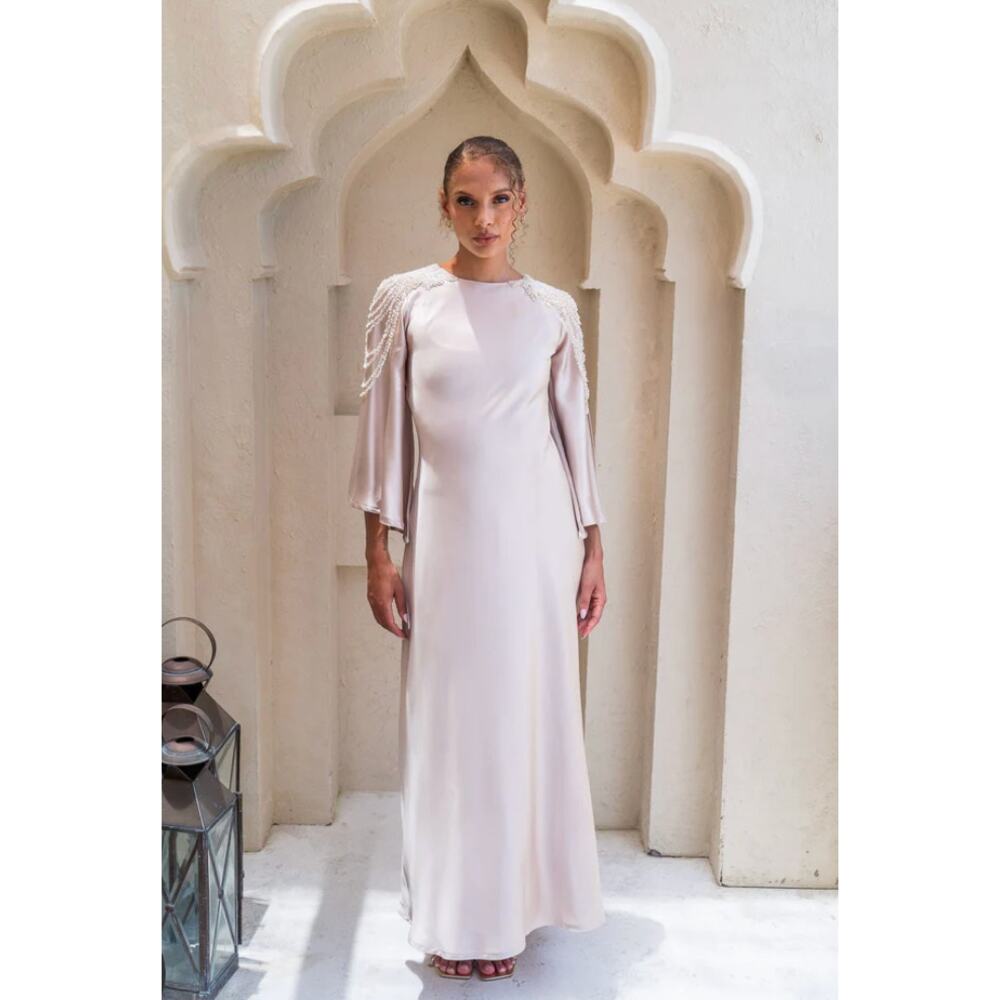 NWT Podur Taupe Pearl Drape Satin Elegance Dress Wedding Gala Size 6